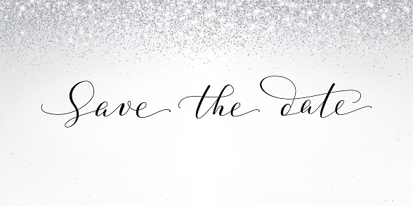 Silver and white glitter lights background. Save the date calligraphy. Sparkling glittering rain effect. Luxury metallic frame, border. 